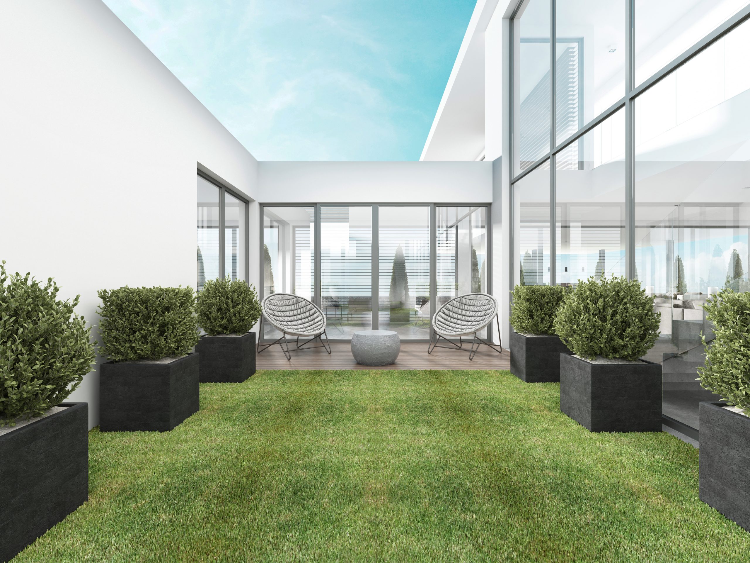 Backyard houses in the style of Contemporary with two modern chairs. 3D rendering